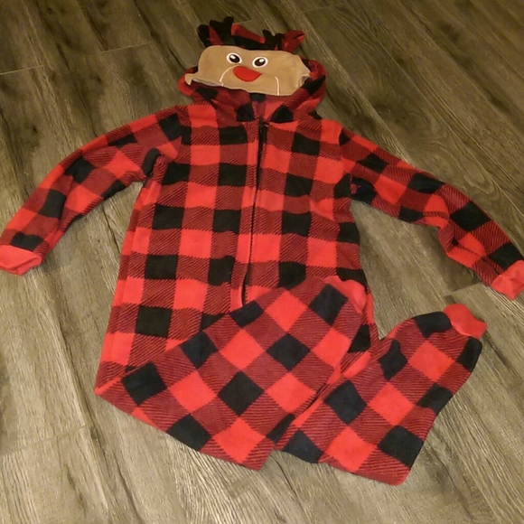 💥3/$48💥Unisex Buffalo Plaid One -Piece Reindeer Fleece PJ - Picture 1 of 4